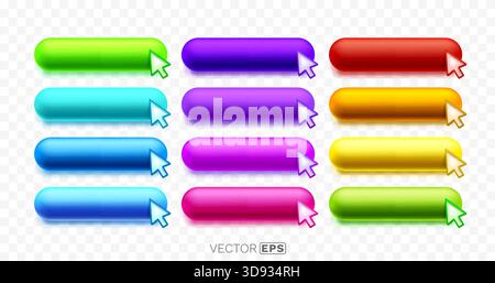 Bunte, glänzende 3D-Webtasten mit Mauscursor. Ein Satz lebendiger UI-Elemente für modernes Design. Vektorabbildung Stock Vektor
