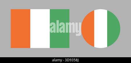 Flagge der Republik Elfenbeinküste. Einfacher Kreis, rechteckiger Knopf, Abzeichen, Symbolflagge. Set aus flacher, runder, rechteckiger Flagge an der Elfenbeinküste Stock Vektor