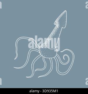 Handgezeichnete Illustration eines Tintenfisches auf blauem Hintergrund. Minimalistische Linienart Meeresbewohner mit schmeichelnder Textur. Perfekt für nautisches Design Stockfoto