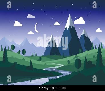 Himmlisches Ballett in den Highlands Ein atemberaubender Flachbild-Blick, wo der Halbmond und funkelnde Sterne die majestätischen Berge und einen Rive erleuchten Stock Vektor