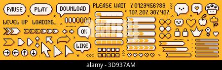 Pixelgelber Satz von Ladebalken und Spielelementen. Pfeile, Sprechblasen, Prozentsätze, Herz. Stock Vektor