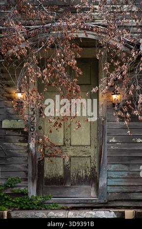 Nahaufnahme an der Eingangstür eines baufälligen, verlassenen zweistöckigen Hauses mit einem Baum, der darauf gefallen ist Stockfoto