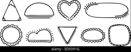 Schwarze Linie Rahmen Hand gezeichnet Vektor Kritzelsatz. Einfarbige Umrisse und gepunktete leere Formen, Platzhalter, Textfeld, Verkaufsformular. Dreieck, Sonne, Herz, o Stock Vektor