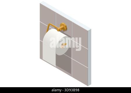 Isometrische Darstellung einer Toilettenpapierrolle, die an einem goldenen Wandhalter auf Keramikfliesen hängt. Einfache Details im Badezimmer. Stock Vektor