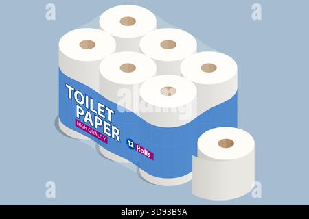 Isometrische Darstellung einer großen Packung Toilettenpapier mit 12 Rollen in blauer Verpackung. Hochwertiges Hygieneprodukt in sauberem, minimalem Stil. Stock Vektor