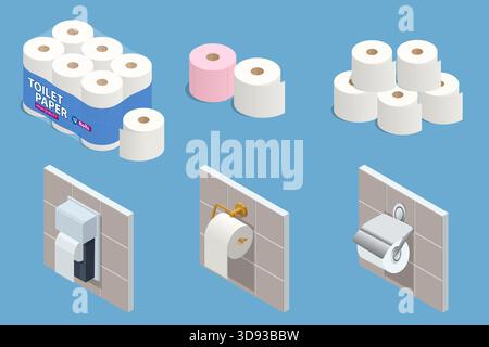 Isometrisches Set aus Toilettenpapierrollen, Verpackungen, Spendern und Wandhaltern. Saubere Sanitär-Illustration geeignet für Hygiene, Badezimmer Stock Vektor