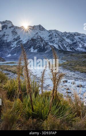 Mueller Lake im Mount Cook National Park, Südinsel, Neuseeland. Herbst (Mai) 2025. Stockfoto