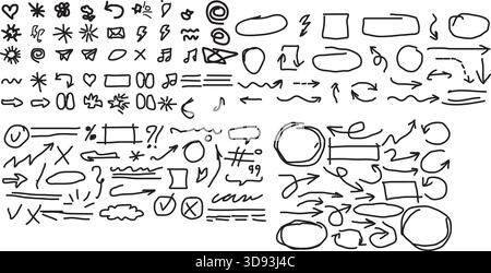 Sammlung von handgezeichneten Kritzelpfeilen Formen und Symbolen Stock Vektor