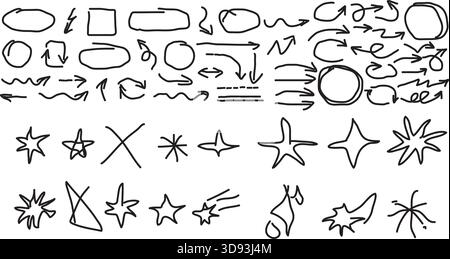 Sammlung von handgezeichneten Pfeilen Kreise Rechtecke Sterne und Symbole Stock Vektor