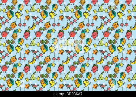 Kawaii Fruchtoberflächenmuster mit Erdbeeren Kirschen und Orangen mit entzückenden Gesichtern Pastellvektor-Stil ideal für nahtlose niedliche Wiederholung Design Stock Vektor