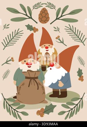 Die Abbildung zeigt drei lächelnde Gnome mit hohen Hüten, umgeben von Tannenzweigen, stechpalmenblättern und Tannenzapfen. Ein Zwerg hält einen Sack, Anothe Stock Vektor
