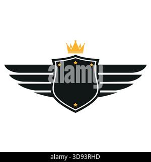 Schild-Logo-Illustration mit Flügeln und Krone auf weißem Hintergrund Stock Vektor