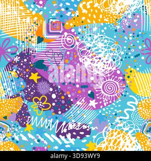 Nahtloser Hintergrund abstrakte bunte helle Kinder s. für Verpackung, Textilien, Dekor, Kinderdekoration. Handgezeichnet. Nicht AI, Vektor Stock Vektor
