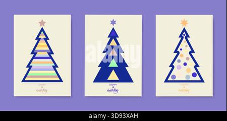 Vintage Happy Holiday-Cover. Weihnachtsbaum-Set-Karte. Designvorlagen mit Typografie, Saisonwünsche in modernem minimalistischem Stil für Web, Social medi Stock Vektor