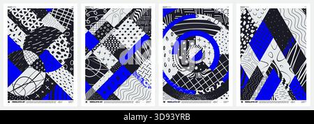 Abstrakte Vektor-geometrische Mosaikplakate mit bizarrem monochromen buntem Muster im Patchwork-Stil, handgezeichnete moderne Wandkunst mit ästhetischem naiven oder Stock Vektor