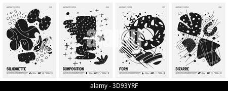 Schwarz-weiß-Vektor-minimalistische Poster mit bizarren abstrakten geometrischen ungewöhnlichen Formen und Formen mit Texturen im matisse-Stil, handgezeichnet modern Stock Vektor