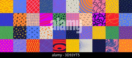 Großer Satz von verschiedenen abstrakten quadratischen Umschlägen, handgezeichnete bunte Kritzelformen mit Texturen, geometrisches Mosaik mit bizarren Farbmotley-Mustern in Patc Stock Vektor