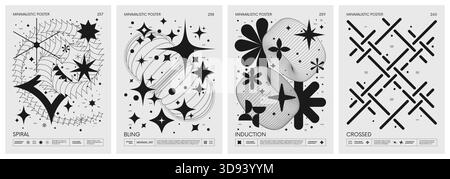 Minimalistische Plakate im brutalistischen Stil mit Silhouetten-Grundfiguren, Retro-futuristische grafische Elemente geometrischer Formen Rave-Komposition, M Stock Vektor