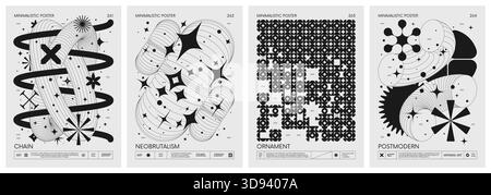 Minimalistische Plakate im brutalistischen Stil mit Silhouetten-Grundfiguren, Retro-futuristische grafische Elemente geometrischer Formen Rave-Komposition, M Stock Vektor