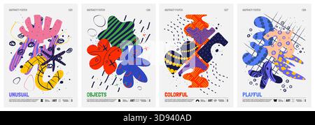 Farbenfrohe Vektor-minimalistische Poster mit bizarren abstrakten geometrischen ungewöhnlichen Formen und Formen mit verschiedenen Texturen im matisse-Stil, handgezeichneter Mod Stock Vektor