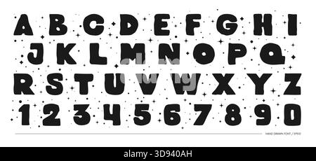 Handgezeichnete monochrome, bizarre Schriftart mit dicker Schrift, ungewöhnliche lateinische Schriftart im matisse-Stil, vektorfettgedruckte Buchstaben und Zahlen Stock Vektor