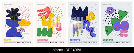 Farbenfrohe Vektor-minimalistische Poster mit bizarren abstrakten geometrischen ungewöhnlichen Formen und Formen mit verschiedenen Texturen im matisse-Stil, handgezeichneter Mod Stock Vektor
