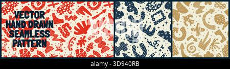 Nahtloses Muster mit bizarren abstrakten geometrischen ungewöhnlichen Formen und Formen mit verschiedenen Texturen im matisse-Stil, handgezeichnete naive Wandkunst Vektor Stock Vektor