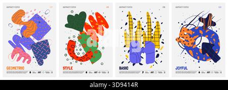 Farbenfrohe Vektor-minimalistische Poster mit bizarren abstrakten geometrischen ungewöhnlichen Formen und Formen mit verschiedenen Texturen im matisse-Stil, handgezeichneter Mod Stock Vektor