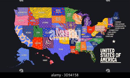 Karte der Vereinigten Staaten von Amerika, mit Grenzen und Namen der Bundesstaaten, Poster der USA geographische und politische Karte mit bizarrem buntem Muster, detailliert Stock Vektor