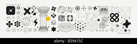 Vektorgrafiken im Acid-Stil, futuristischer Retro-Hintergrund mit Drahtmodellelementen in verschiedenen Formen, auffällige moderne Formen für Design templat Stock Vektor