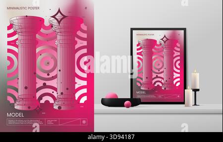Minimalistisches Rave-Poster mit Vektorverlauf und seltsamen Drahtmodellen-Grafiken geometrischer Formen Y2K-Design inspiriert von Brutalismus und Mockup in der Inte Stock Vektor
