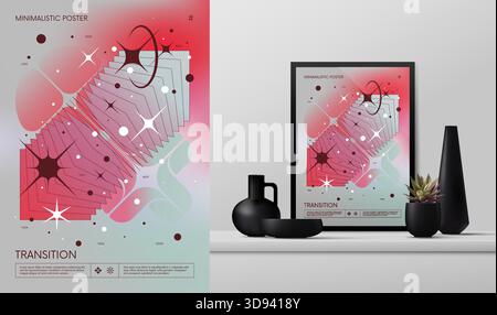 Minimalistisches Rave-Poster mit Vektorverlauf und seltsamen Drahtmodellen, grafischen Elementen geometrischer Formen Y2K-Design, inspiriert von Brutalismus und Mockup in t Stock Vektor