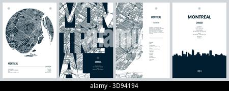 Set von Reiseplakaten mit Montreal, detaillierter Stadtplan, Silhouette-Skyline, Vektorgrafik Stock Vektor