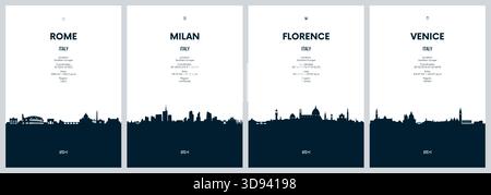 Reisevektor mit City Skylines Rom, Mailand, Florenz, Venedig detaillierte Stadtpanorama minimalistische Grafik Stock Vektor