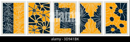 Set grooviges abstraktes Blumenposter, Minimal florale Kunstdrucke von Matisse inspiriert, organische Kritzelformen im trendigen naiven Retro-Stil, Funky Botanischer Vektor Stock Vektor