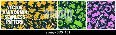 Nahtloses Muster mit bizarren abstrakten geometrischen ungewöhnlichen Formen und Formen mit verschiedenen Texturen, von Vektor handgezeichnete naive Wandkunst, Set 3 Stock Vektor