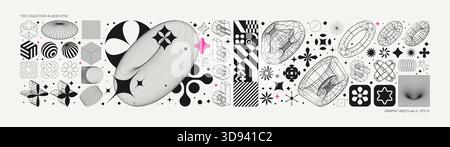 Vektorgrafiken im Acid-Stil, futuristischer Retro-Hintergrund mit Drahtmodellelementen in verschiedenen Formen, auffällige moderne Formen für Design templat Stock Vektor