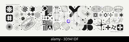 Vektorgrafiken im Acid-Stil, futuristischer Retro-Hintergrund mit Drahtmodellelementen in verschiedenen Formen, auffällige moderne Formen für Design templat Stock Vektor