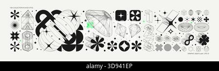 Vektorgrafiken im Acid-Stil, futuristischer Retro-Hintergrund mit Drahtmodellelementen in verschiedenen Formen, auffällige moderne Formen für Design templat Stock Vektor