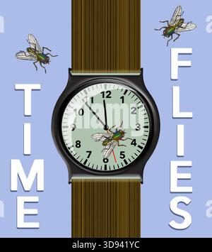 In einem Wortspiel wird „Zeit fliegt“ auf einer Armbanduhr in einer 3D-Illustration gesehen. Stockfoto