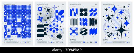 Minimalistische Plakate im brutalistischen Stil mit Silhouetten-Grundfiguren, Retro-futuristische grafische Elemente geometrischer Formen Rave-Komposition, M Stock Vektor