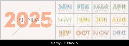 Minimalistischer monatlicher Vektorkalender 2025 mit Wochenbeginn Sonntag, 12 Seiten mit farbigen Monaten, Arbeits- oder Geschäftsplanerraster in horizontaler Ausführung, EN Stock Vektor