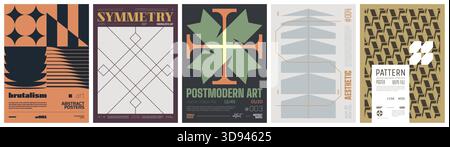 Set Moderne Kunst buntes trendiges Poster, Kunstwerk minimalistischer und brutalistischer Stil, abstrakte geometrische A4 Rave postmoderne Komposition, Vektor einfach Stock Vektor