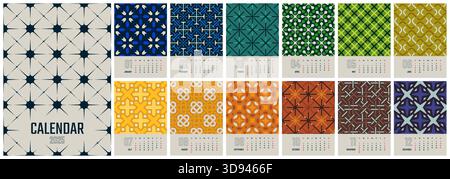 Monatlicher Vektorwandkalender 2025 mit Wochenbeginn Sonntag, 12 Seiten mit farbigem Muster, Arbeits- oder Geschäftsplaner mit abstrakten Illustrationen, Englisch Stock Vektor
