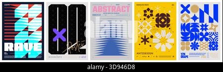 Set Modern Art Buntes trendiges Poster, abstrakte geometrische A4-Kompositionsgrafik in Y2K-Ästhetik, Vektoren einfache Formen begeistern die Moderne Stock Vektor