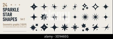 Sammlung verschiedener Vektorsymbole funkelnder Sterne, dekorative Glitzer- und Explosionsformen, abstrakte leuchtende Blitzsymbole, leuchtender Lichteffekt, y2k St. Stock Vektor