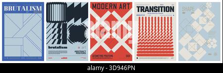 Set Moderne Kunst buntes trendiges Poster, Kunstwerk minimalistischer und brutalistischer Stil, abstrakte geometrische A4 Rave postmoderne Komposition, Vektor einfach Stock Vektor