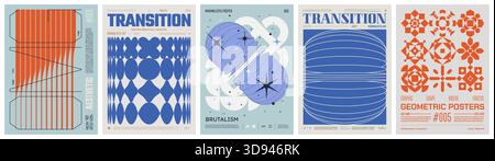 Set Moderne Kunst buntes trendiges Poster, Kunstwerk minimalistischer und brutalistischer Stil, abstrakte geometrische A4 Rave postmoderne Komposition, Vektor einfach Stock Vektor