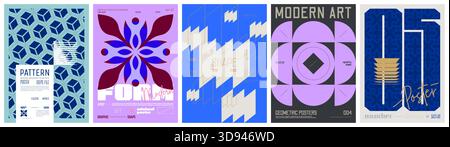 Set Moderne Kunst buntes trendiges Poster, Kunstwerk minimalistischer und brutalistischer Stil, abstrakte geometrische A4 Rave postmoderne Komposition, Vektor einfach Stock Vektor