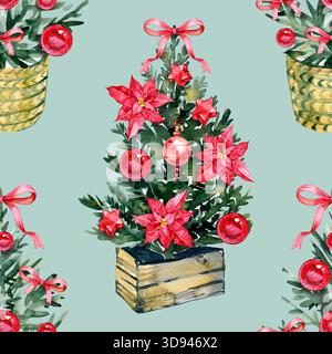 Nahtloses Aquarellmuster mit dekorativen Mini-Weihnachtsbäumen mit roten Ornamenten, Bögen und Weihnachtsdekorationen. Perfekt für festliche Geschenkverpackungen, Stoff Stockfoto